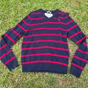 Abercrombie & Fitch Dark Blue and Red Striped V-Neck Sweater